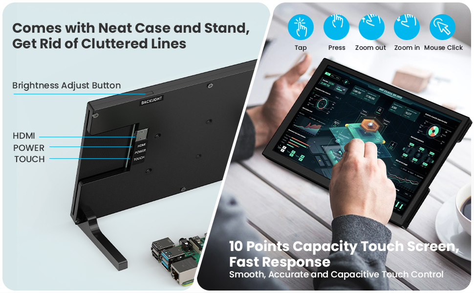 Aprotii 10.1 นิ้ว HDMI Monitor, 1280x800 IPS 10-Points Capacitive ...