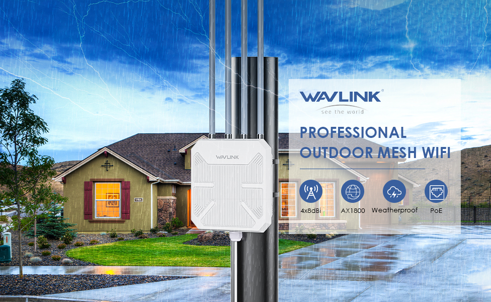 Répéteur WiFi 6 Extérieur WAVLINK AX1800 - IP67, 4 Antennes 8dBi, Compatible Starlink, Pour Jardin, Ferme, Camping-car