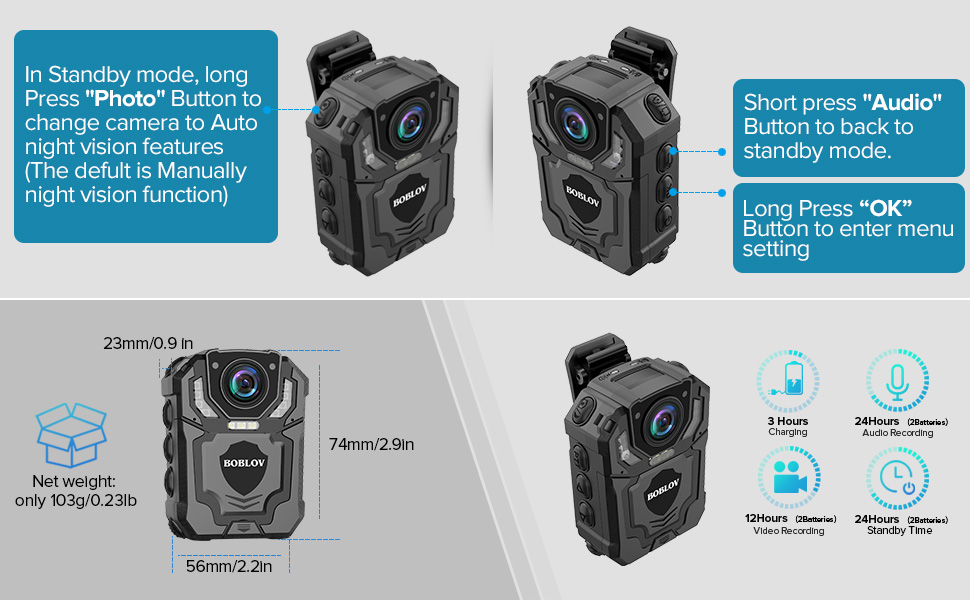 BOBLOV T5 Body Camera กล้องติดตัว แบตเตอรี่ 1800mAh บันทึกต่อเนื่อง 13 ชั่วโมง 1296P / 30FPS