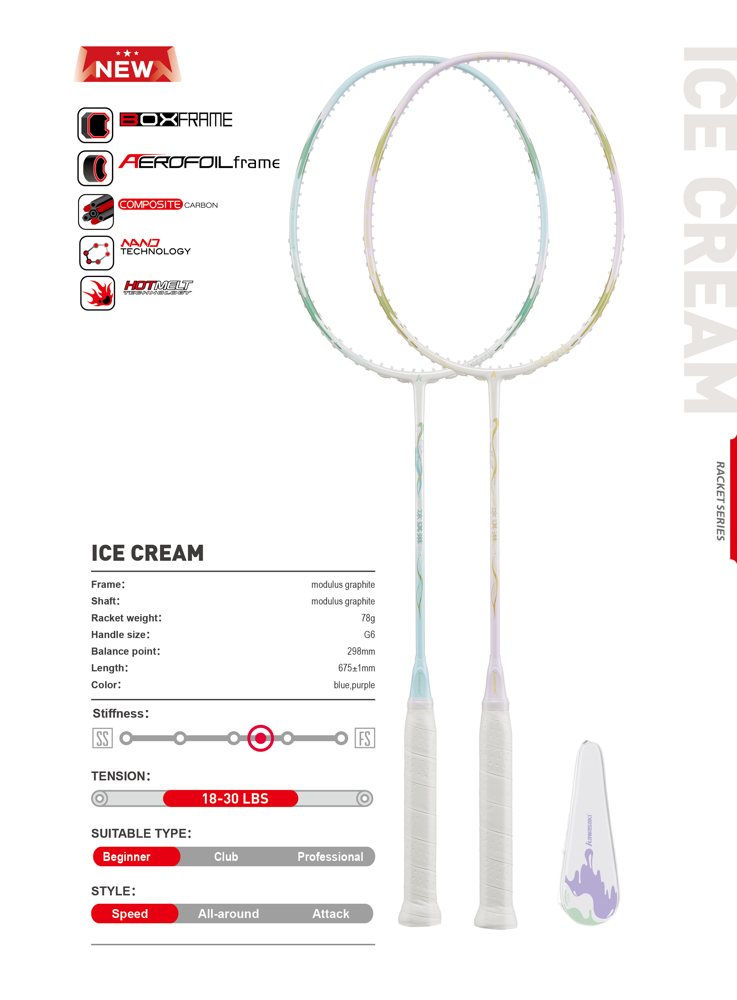 Kawasaki Badminton Racquet ICE CREAM 5U 18-30 LBS Full Carbon Ultra ...