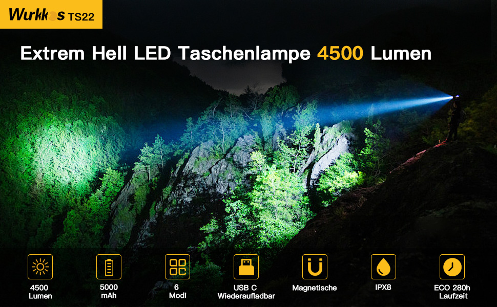 Wurkkos TS22 USB C ชาร์จ 21700 LED XHP70.2 ไฟฉาย 4500LM อันทรงพลัง ...