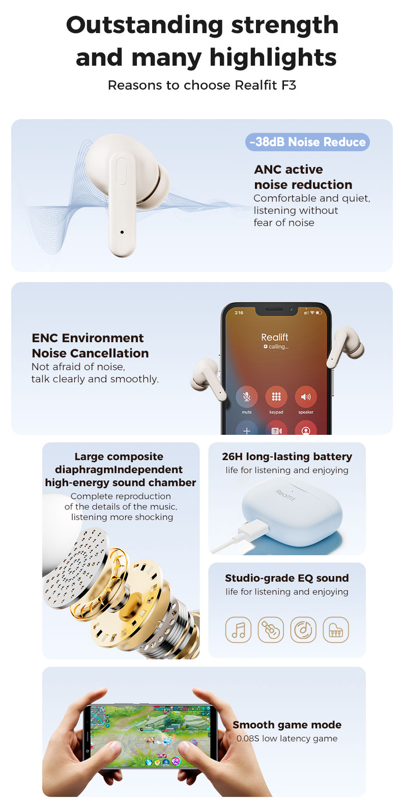 realfit F3 ANC Bluetooth 5.4 หูฟังบลูทูธ -38dB ตัดเสียงรบกวน พร้อมไมโครโฟน Bass หูฟัง คุณภาพเสียงดี