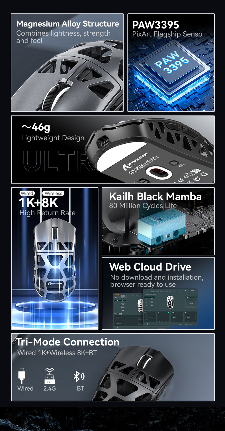Attack Shark R3 แมกนีเซียมเมาส์น้ําหนักเบา 46g 8KHz PAW3395 สามโหมด ...