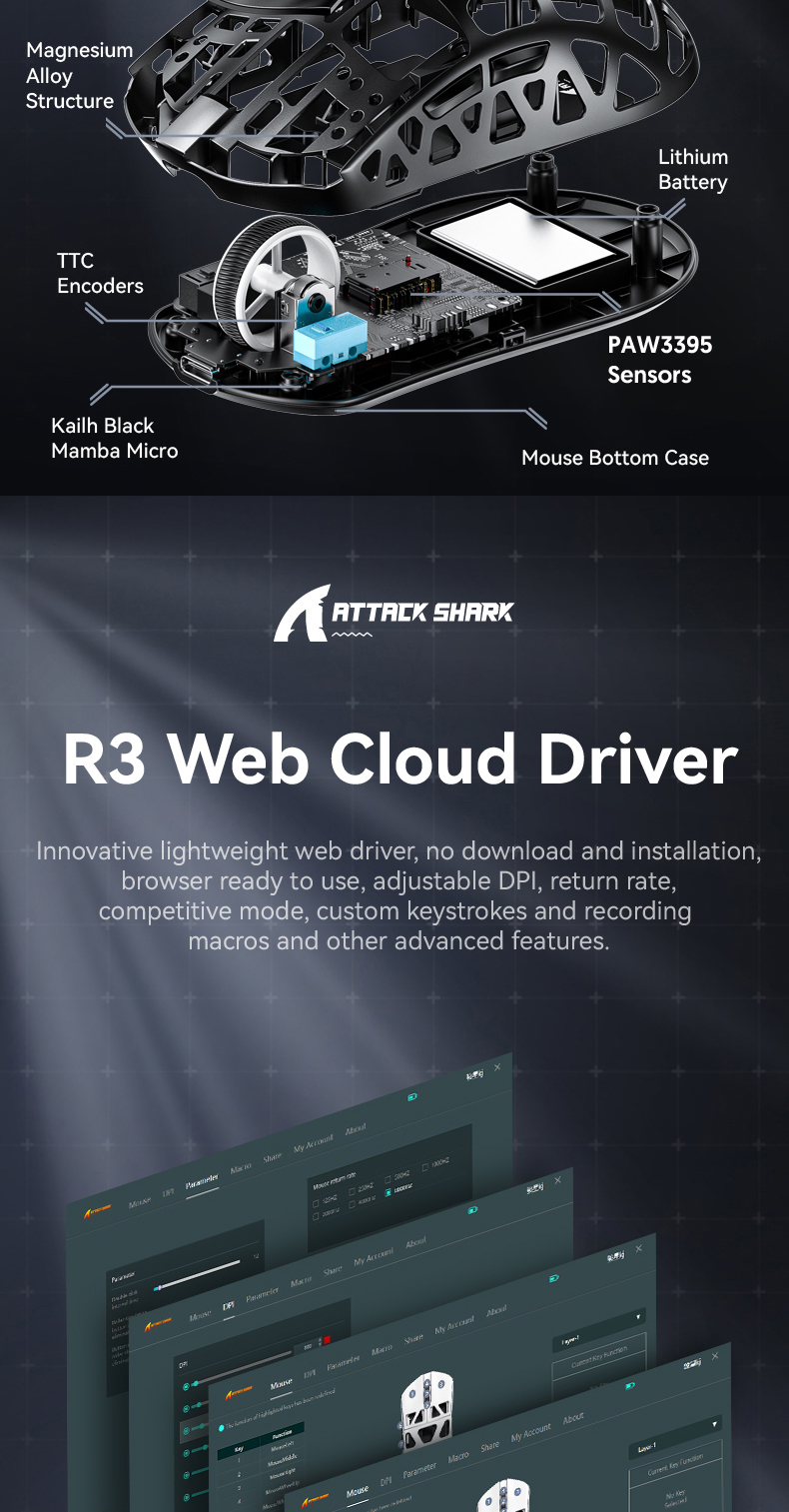 Attack Shark R3 แมกนีเซียมเมาส์น้ําหนักเบา 46g 8KHz PAW3395 สามโหมด ...