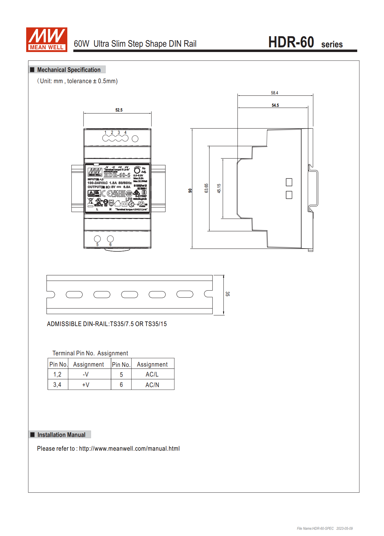 MEAN WELL สวิตช์พาวเวอร์ซัพพลาย HDR-60-24 HDR-60-12 HDR-60-5 24V 12V 5A ...
