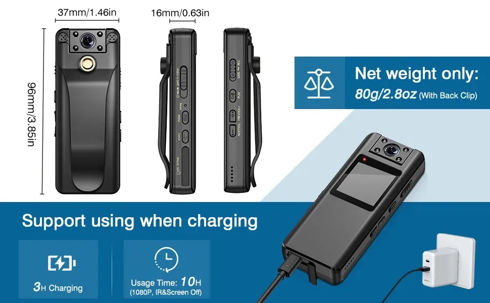 BOBLOV A22 กล้องจิ๋วติดตัว Body Camera กล้องติดตัว แบตเตอรี่ 2200mAh บันทึกต่อเนื่อง 10 ชั่วโมง เลนส์หมุนได้ 180 องศา 1080P / 30FPS