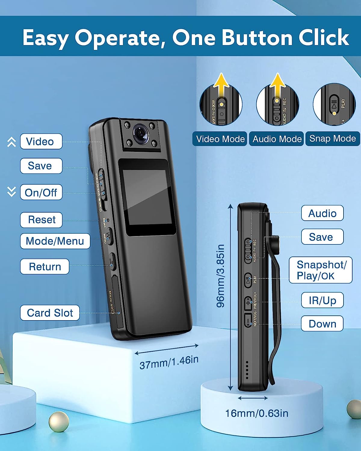 BOBLOV A22 กล้องจิ๋วติดตัว Body Camera กล้องติดตัว แบตเตอรี่ 2200mAh บันทึกต่อเนื่อง 10 ชั่วโมง เลนส์หมุนได้ 180 องศา 1080P / 30FPS