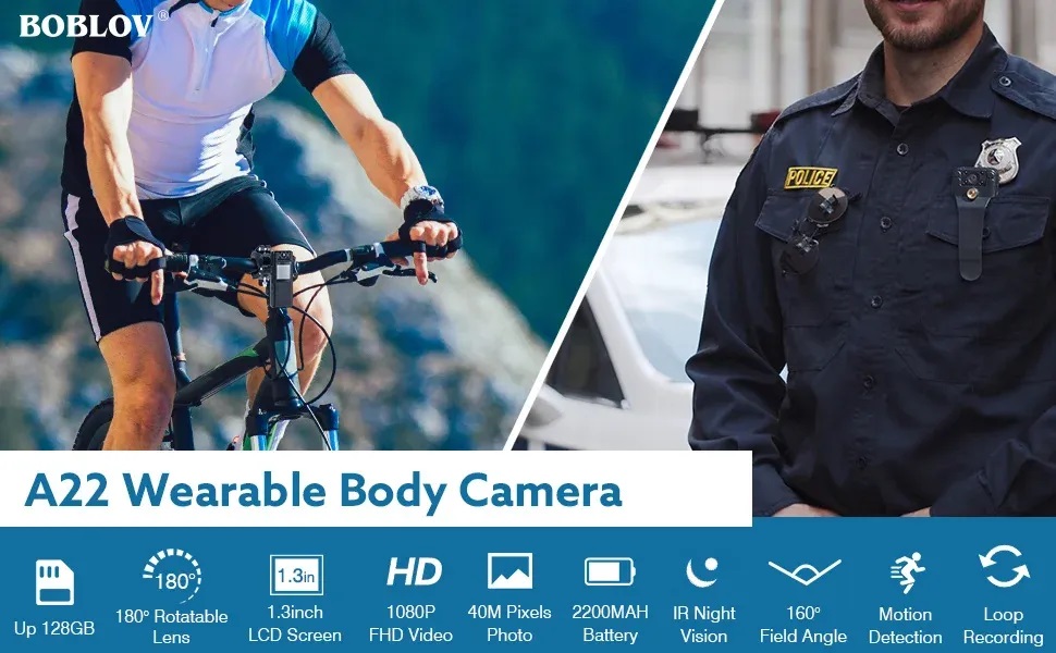 BOBLOV A22 กล้องจิ๋วติดตัว Body Camera กล้องติดตัว แบตเตอรี่ 2200mAh บันทึกต่อเนื่อง 10 ชั่วโมง เลนส์หมุนได้ 180 องศา 1080P / 30FPS