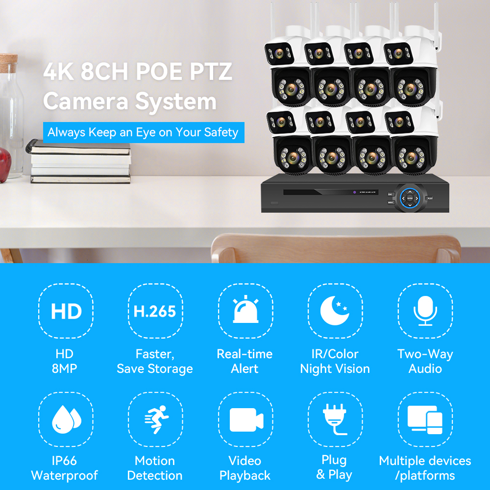 Hamrol 8MP 4K POE NVR Dual Lens PTZ POE Camera System Waterproof ...