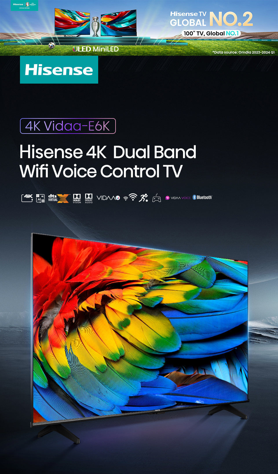 Hisense TV 70E6K 4K Ultra HD Smart TV Voice Control WIFI Build in Netflix & Youtube VIDAA /DVB-T2 / USB2.0 / HDMI /AV