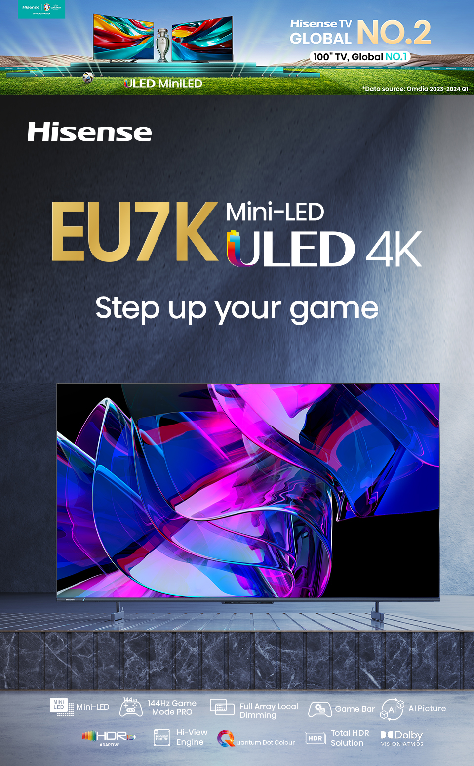 Hisense TV 65EU7K Mini LED ULED 4K 144Hz VIDAA U7 Quantum Dot Colour Voice Control /DVB-T2 / USB2.0 /3.0 / HDMI /AV