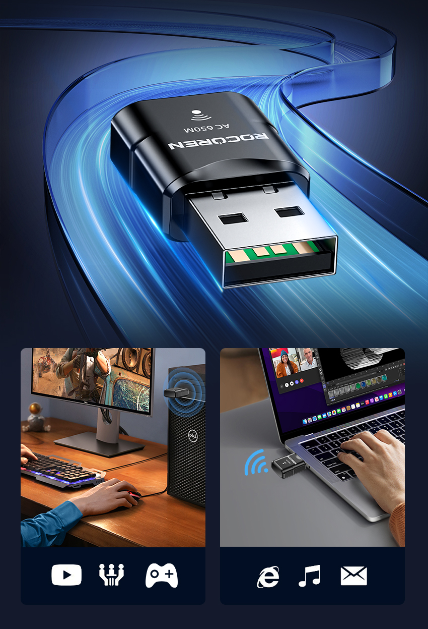 Rocoren 5G 650Mbps Usb Wifi Dongle Adapter เครือข่ายไร้สาย 2.4G/5Ghz ...