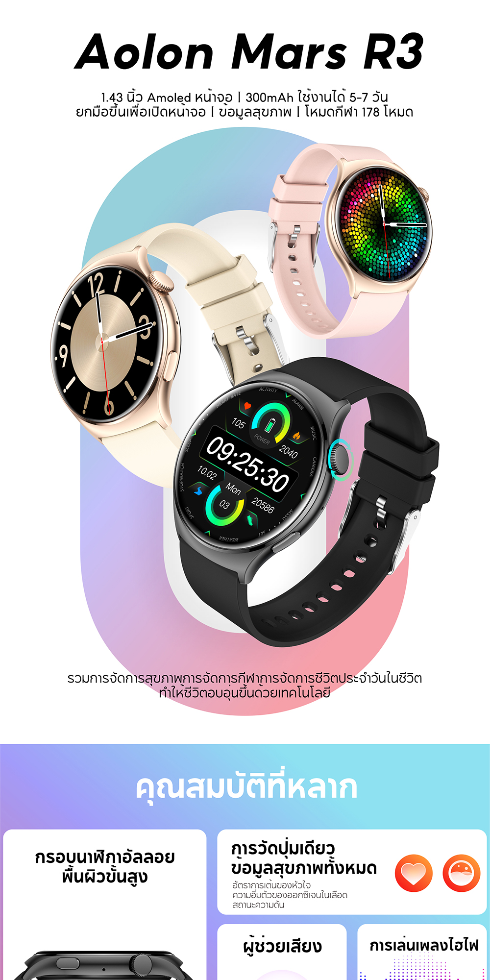 Aolon Mars R3 1.43 นิ้ว สมาร์ทวอทช์ Amoled smartwatch IP68 กันน้ำ 300mAh นาฬิกาวิ่ง ภาษาไทย smartwatch จอเล็ก