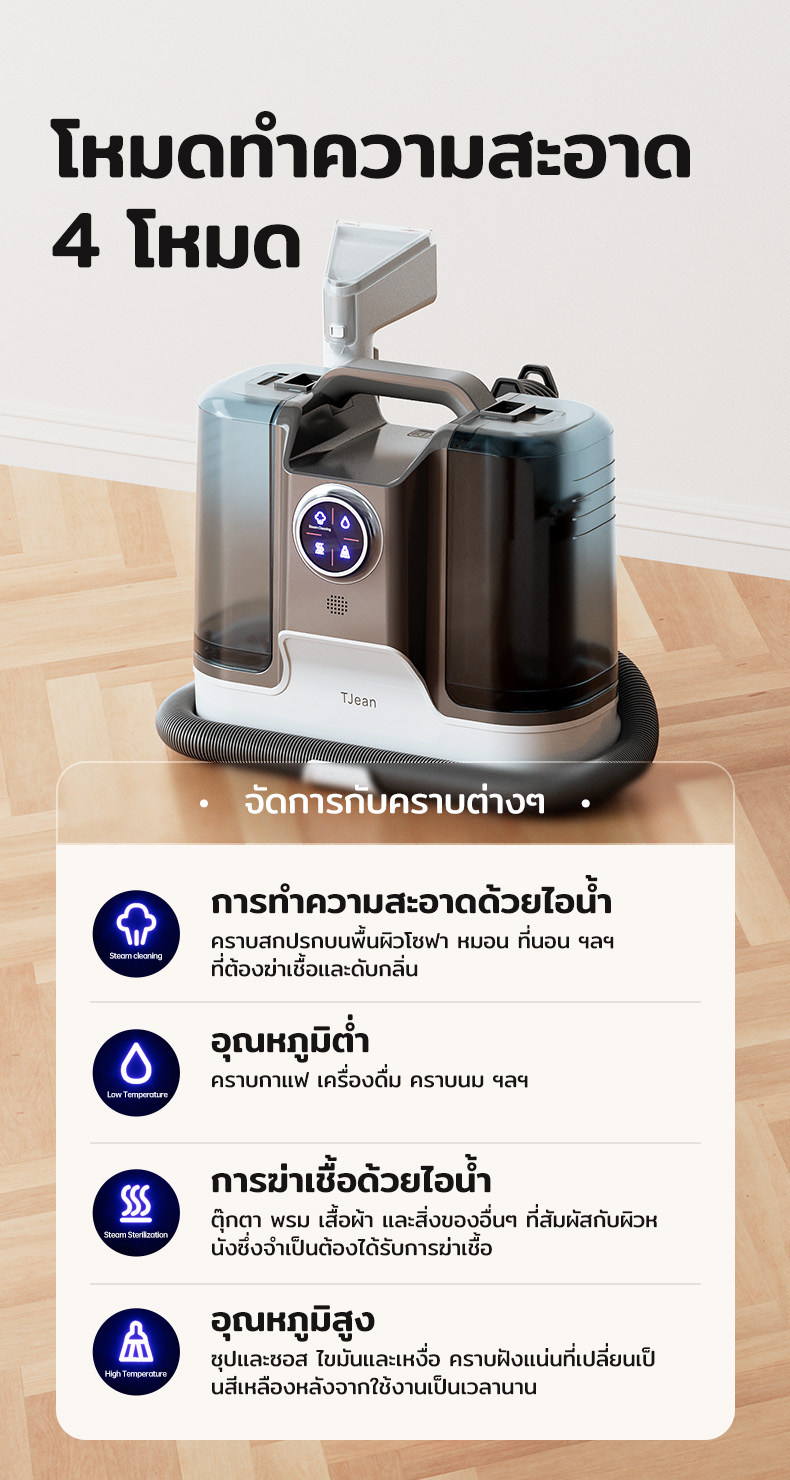 TJean เครื่องทำความสะอาดพรม เบาะผ้า โซฟา เฟอร์นิเจอร์ผ้า โหมดทำความสะอาดด้วยไอน้ำฆ่าเชื้อ 4 in 1
