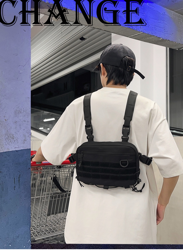 Nylon Chest Rig Bag สีดํา Hip Hop Streetwear Functional Chest Bag ...