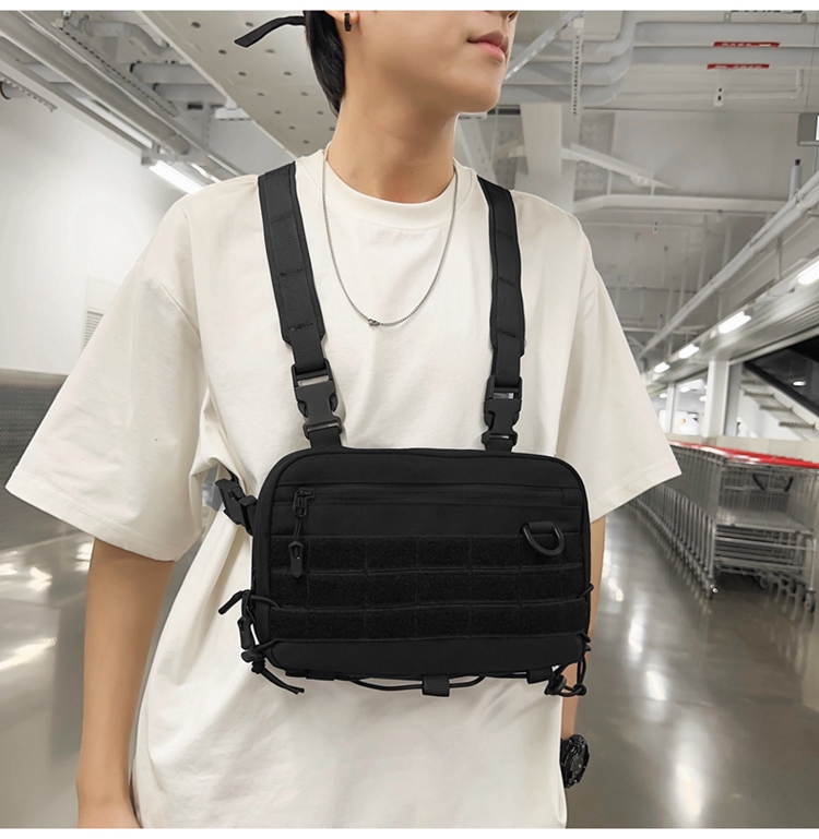 Nylon Chest Rig Bag สีดํา Hip Hop Streetwear Functional Chest Bag ...