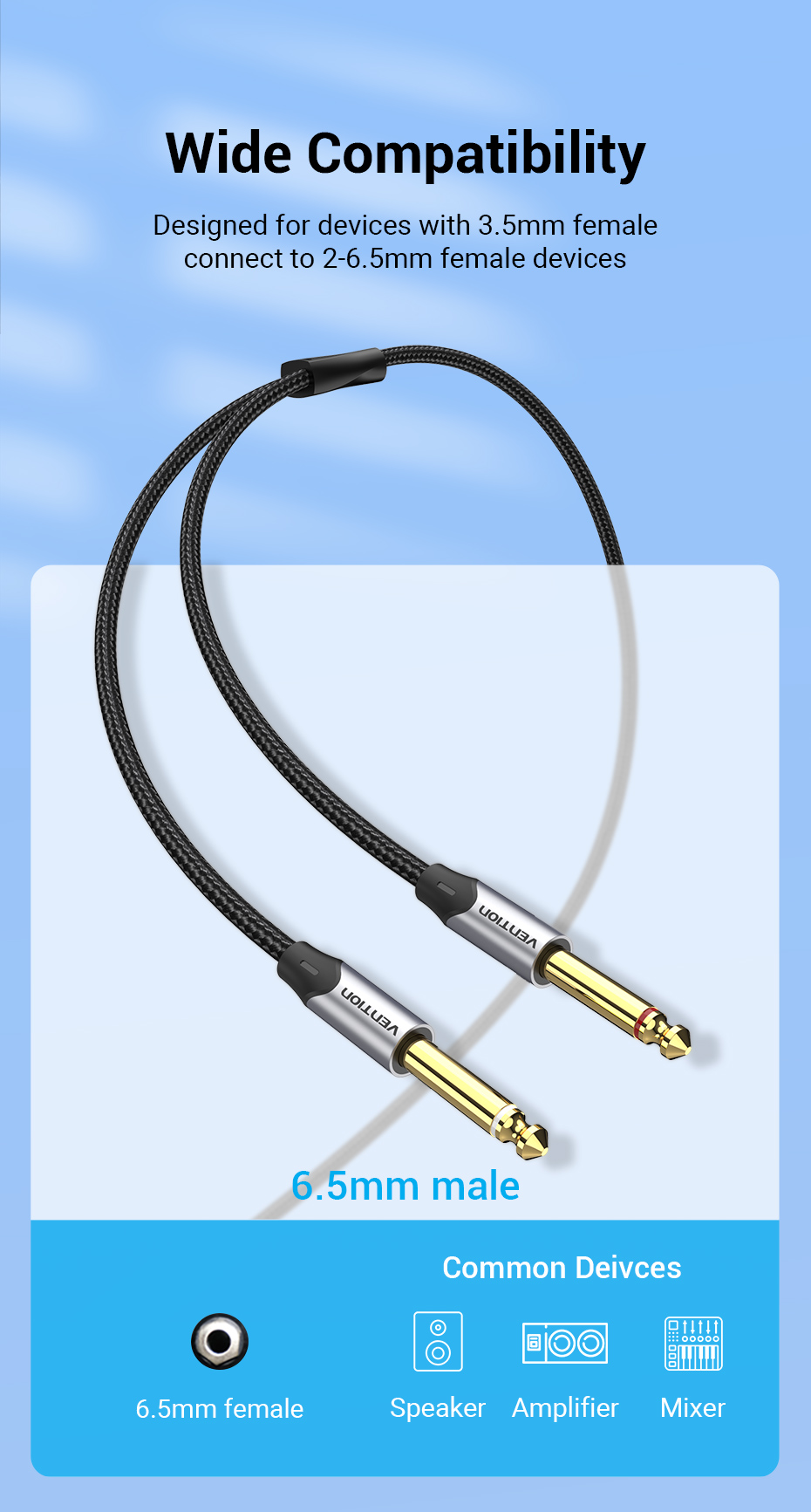 Vention Audio Splitter 3.5mm to 6.5mm Adapter 3.5mm Female to 2 Male 6 ...