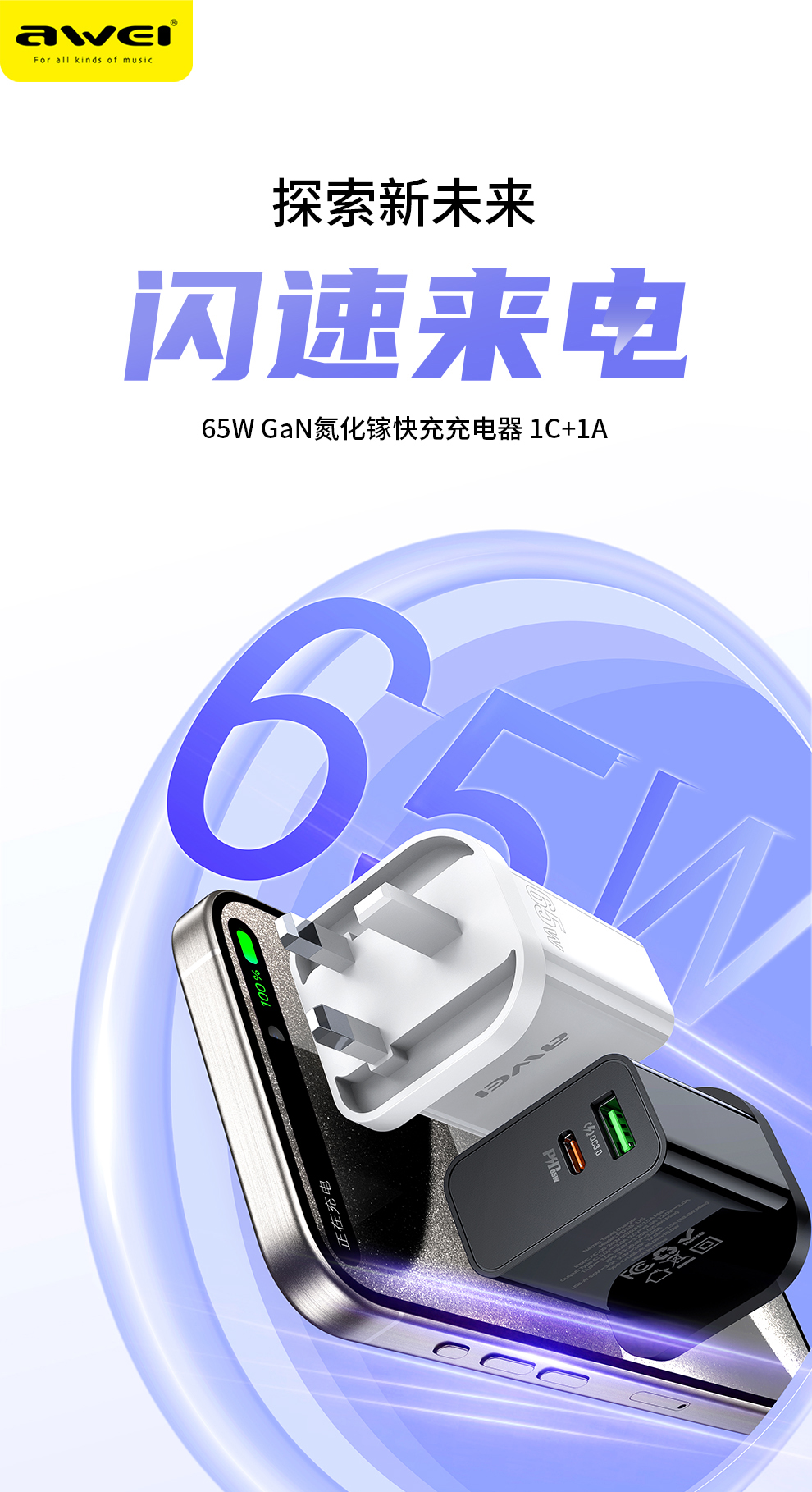 Awei PD58 ชาร์จเร็ว 65W GaN 2 พอร์ต Type C USB A รองรับ PD3.0 พกพาสะดวก ...
