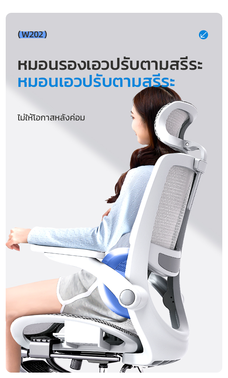 Yisong รุ่น W202 เก้าอี้สีขาว เก้าอี้สีเทา เก้าอี้ตามหลักสรีรศาสตร์ Ergonomic เก้าอี้สุขภาพ ฟังก์ชั่นที่จัดเต็มและคุ้มค่า การรองรับเอวเพื่อการปรับท่าทาง สามารถปรับเอนนอนได้ 145°