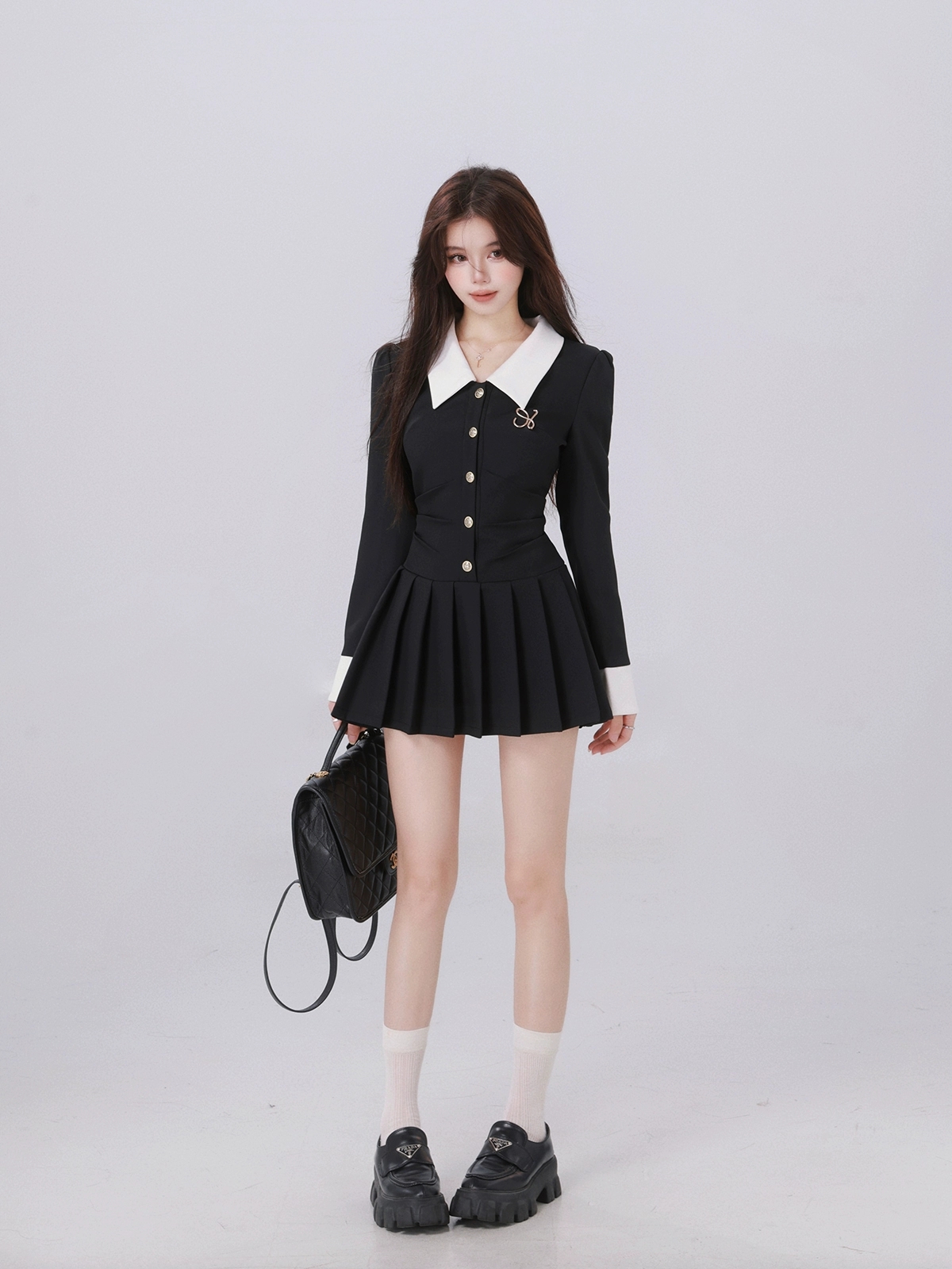 Preppy สไตล์ลําลองแฟชั่น A-Line ชุดสตรี Slim-fit แคบ-เอวปก Single ...