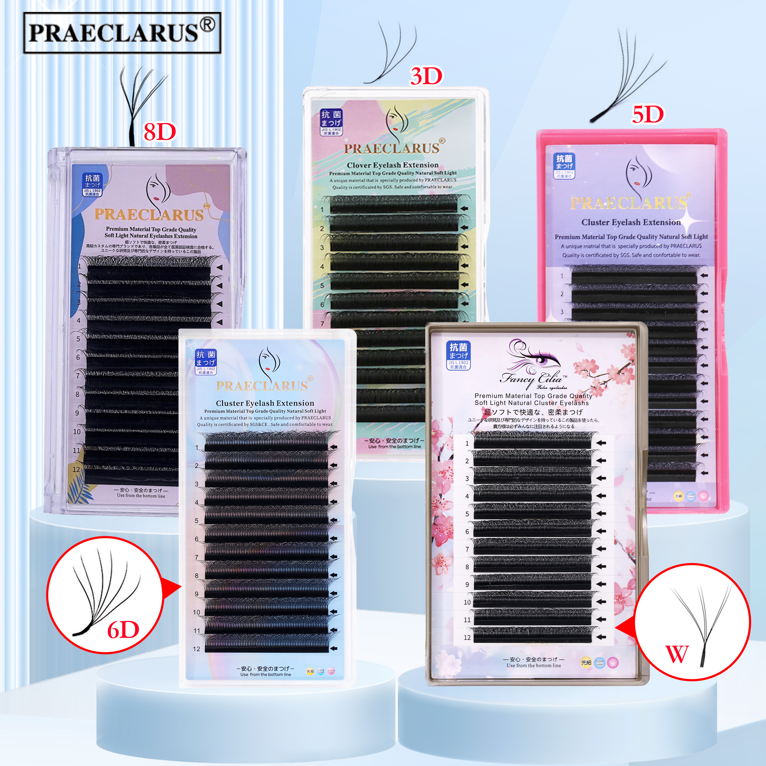 PRAECLARUS 3D / 4D / 5D / 6D / 8D W รูปร่างขนตาหนา 0.07 มม. Curl D ...