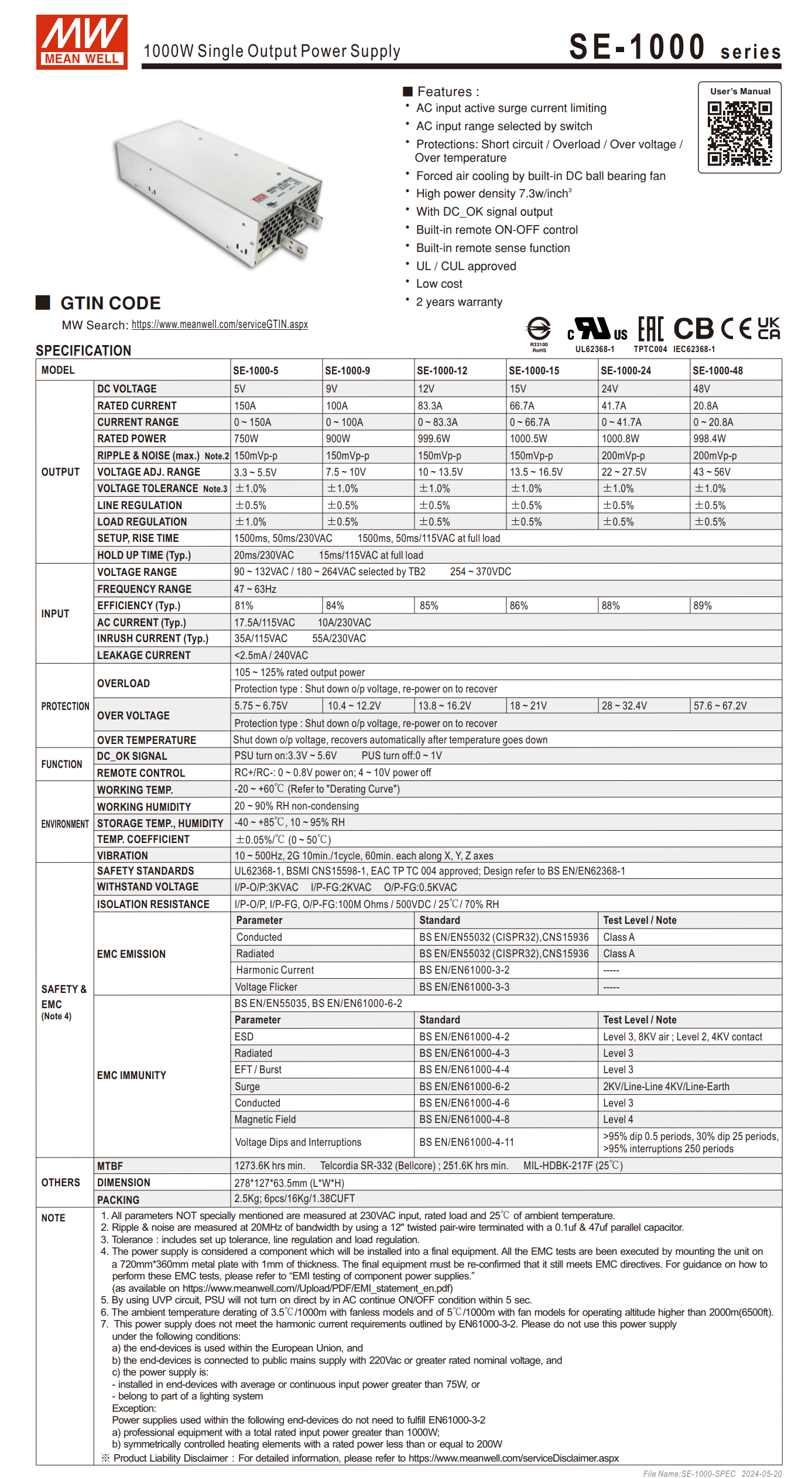 MEAN WELL SE-1000-24 SE-1000-12 SE-1000-48 Switching Power Supply ...