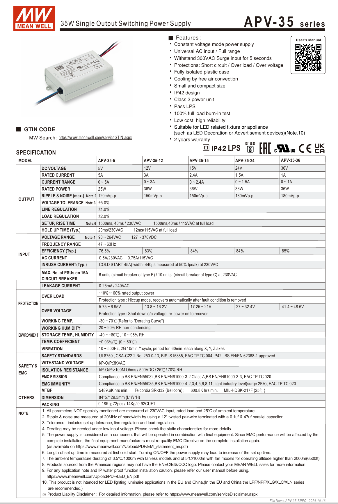 Mean Well APV-35-12 – Alimentation LED 12V 3A 36W, Tension Constante, IP30, Ultra Fiable Pour Éclairage