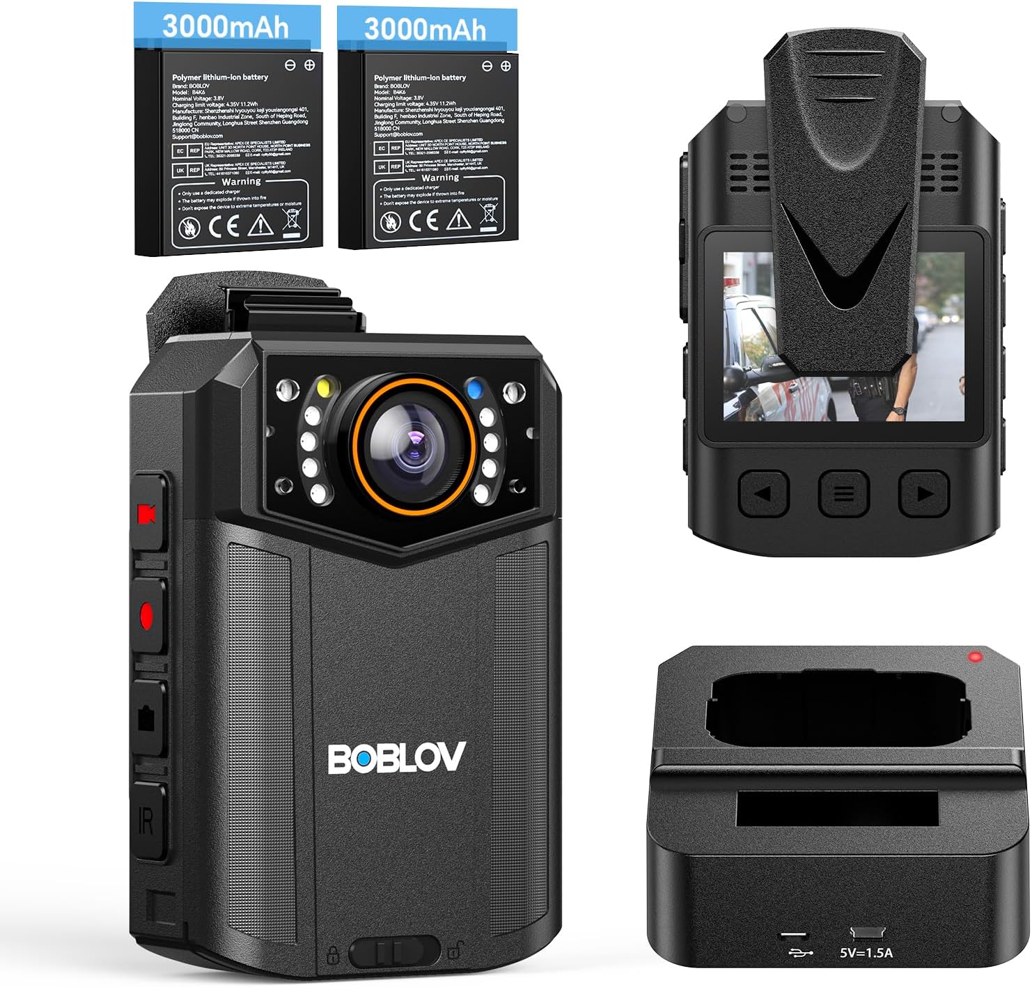 BOBLOV B4K6 Body Camera กล้อง 4K พร้อมแบตเตอรี่ 2 ชิ้น 3000mAh, 128GB Body Cam พร้อมการติดตาม GPS และแท่นชาร์จสะดวก – บันทึก 8-10 ชั่วโมงสําหรับการบังคับกฎหมาย, ผจญภัยกลางแจ้ง, กล้องติดตัวตํารวจ