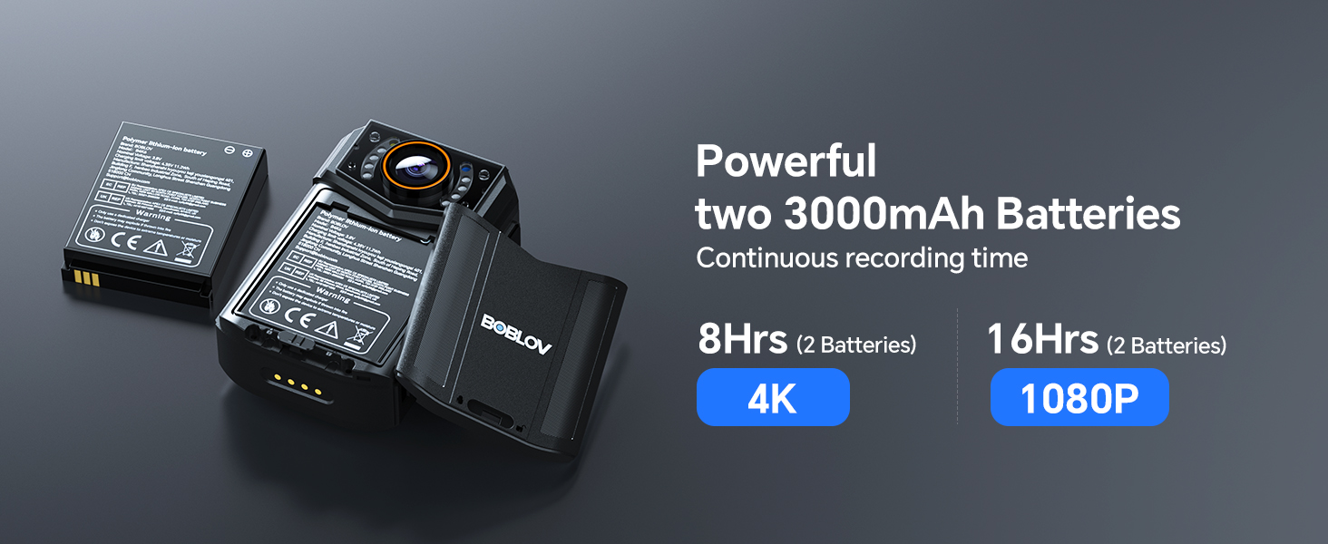 BOBLOV B4K6 Body Camera กล้อง 4K พร้อมแบตเตอรี่ 2 ชิ้น 3000mAh, 128GB Body Cam พร้อมการติดตาม GPS และแท่นชาร์จสะดวก – บันทึก 8-10 ชั่วโมงสําหรับการบังคับกฎหมาย, ผจญภัยกลางแจ้ง, กล้องติดตัวตํารวจ