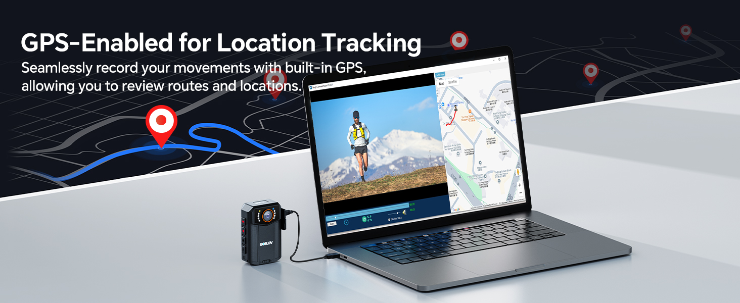 BOBLOV B4K6 Body Camera กล้อง 4K พร้อมแบตเตอรี่ 2 ชิ้น 3000mAh, 128GB Body Cam พร้อมการติดตาม GPS และแท่นชาร์จสะดวก – บันทึก 8-10 ชั่วโมงสําหรับการบังคับกฎหมาย, ผจญภัยกลางแจ้ง, กล้องติดตัวตํารวจ