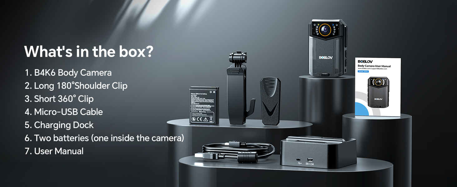 BOBLOV B4K6 Body Camera กล้อง 4K พร้อมแบตเตอรี่ 2 ชิ้น 3000mAh, 128GB Body Cam พร้อมการติดตาม GPS และแท่นชาร์จสะดวก – บันทึก 8-10 ชั่วโมงสําหรับการบังคับกฎหมาย, ผจญภัยกลางแจ้ง, กล้องติดตัวตํารวจ