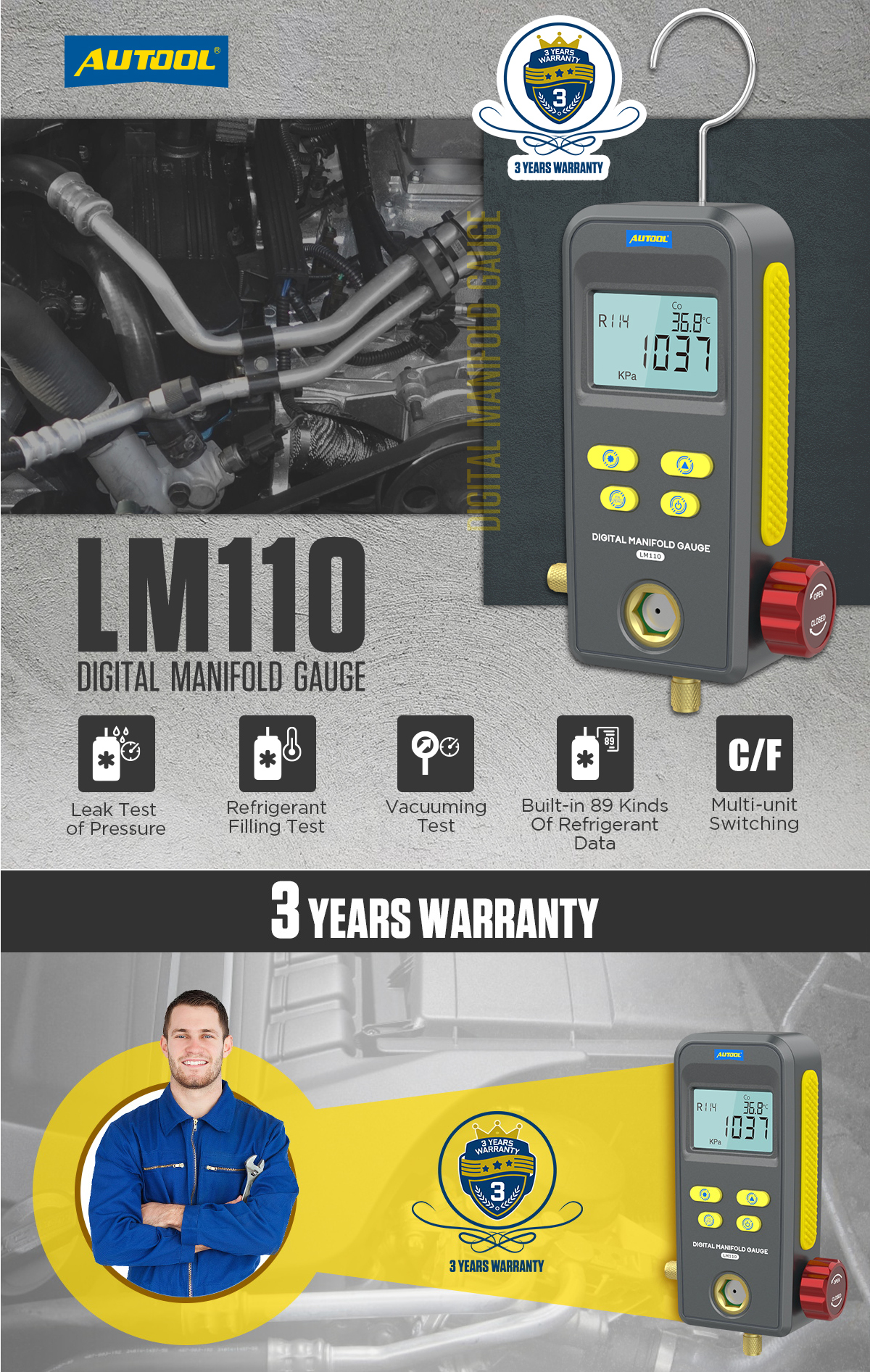 Autool LM110 PLUS เครื่องทําความเย็นดิจิตอล Manifold HVAC Meter ...