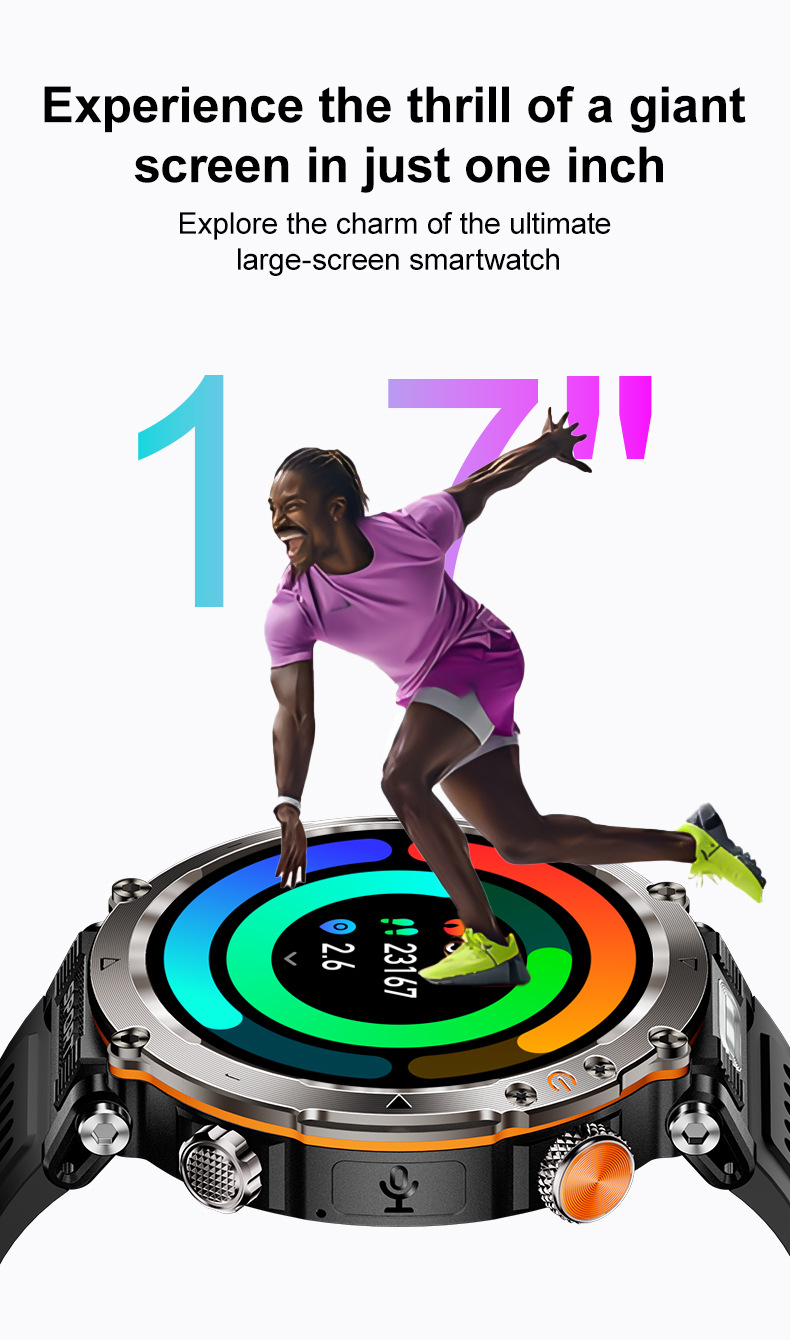 ใหม่ทหาร Smartwatch ผู้ชายไฟฉาย LED 1.7 นิ้ว IP68 กันน้ําฟิตเนสนาฬิกา ...