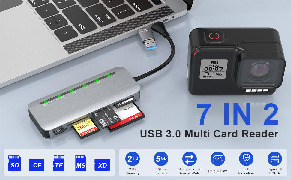 Usb C USB 3.0 Multi Card Reader สําหรับ SDXC SDHC/TF/CF CFI/XD/MS MMC ...