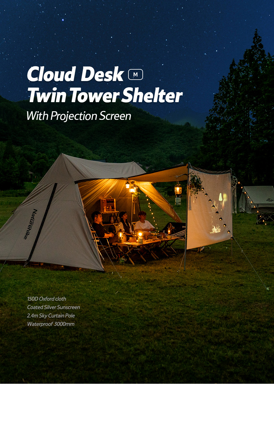 Naturehike Outdoor Camping Glamping UPF 50+ Cloud Desk Twin Tower Shelter เปิด Air Cinema กันสาด Canopy