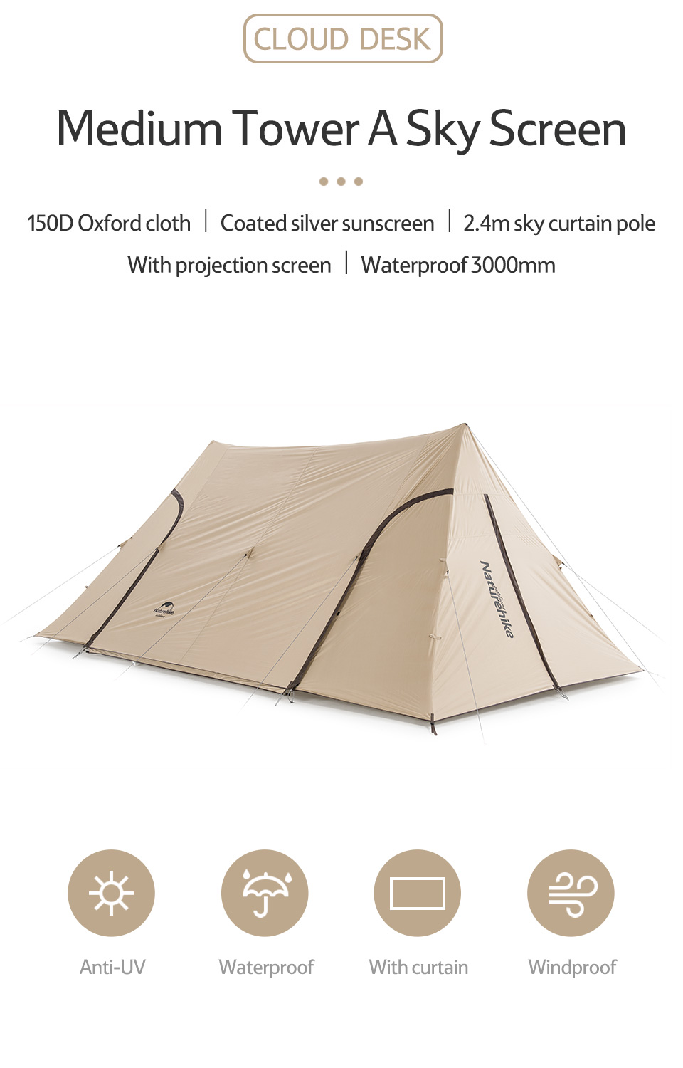 Naturehike Outdoor Camping Glamping UPF 50+ Cloud Desk Twin Tower Shelter เปิด Air Cinema กันสาด Canopy