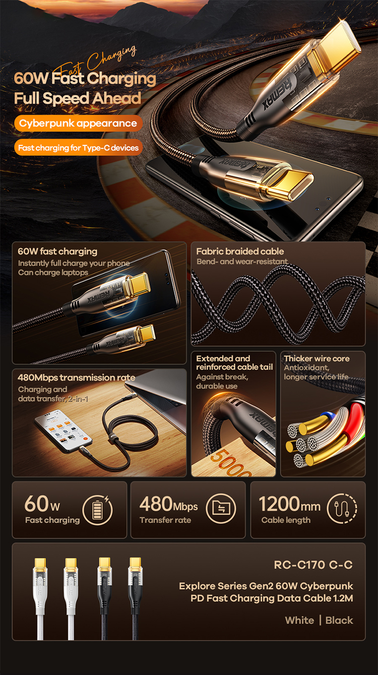 REMAX RC-C170 สายชาร์จ Explore Series 60W สไตล์ไซบอร์ก รองรับการชาร์จ ...