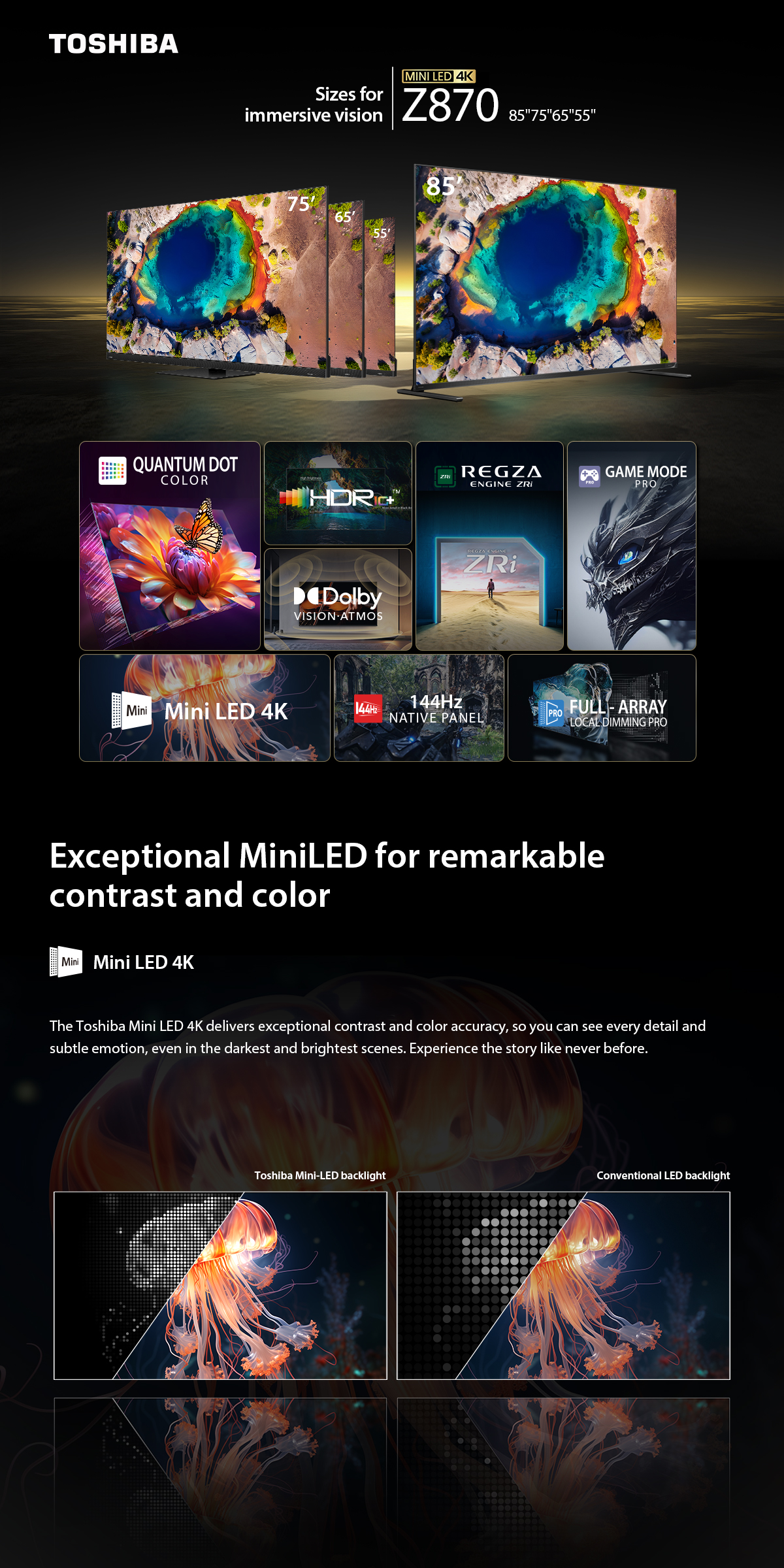 TOSHIBA TV 85Z870NP ทีวี 85 นิ้ว Mini-LED 144Hz 4K Ultra HD HDR10+ Far Field Voice control smart TV