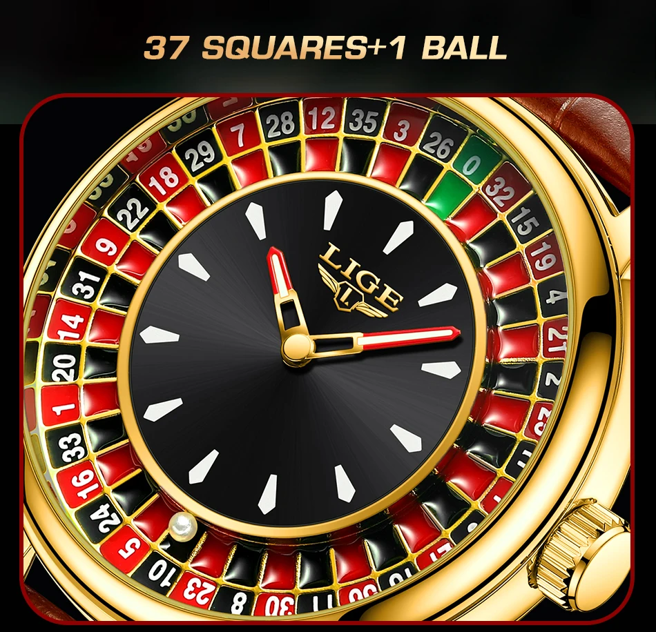 Lige นาฬิกาผู้ชายแฟชั่น Lucky Roulette นาฬิกาหนังกันน้ํานาฬิกาควอทซ์ ...
