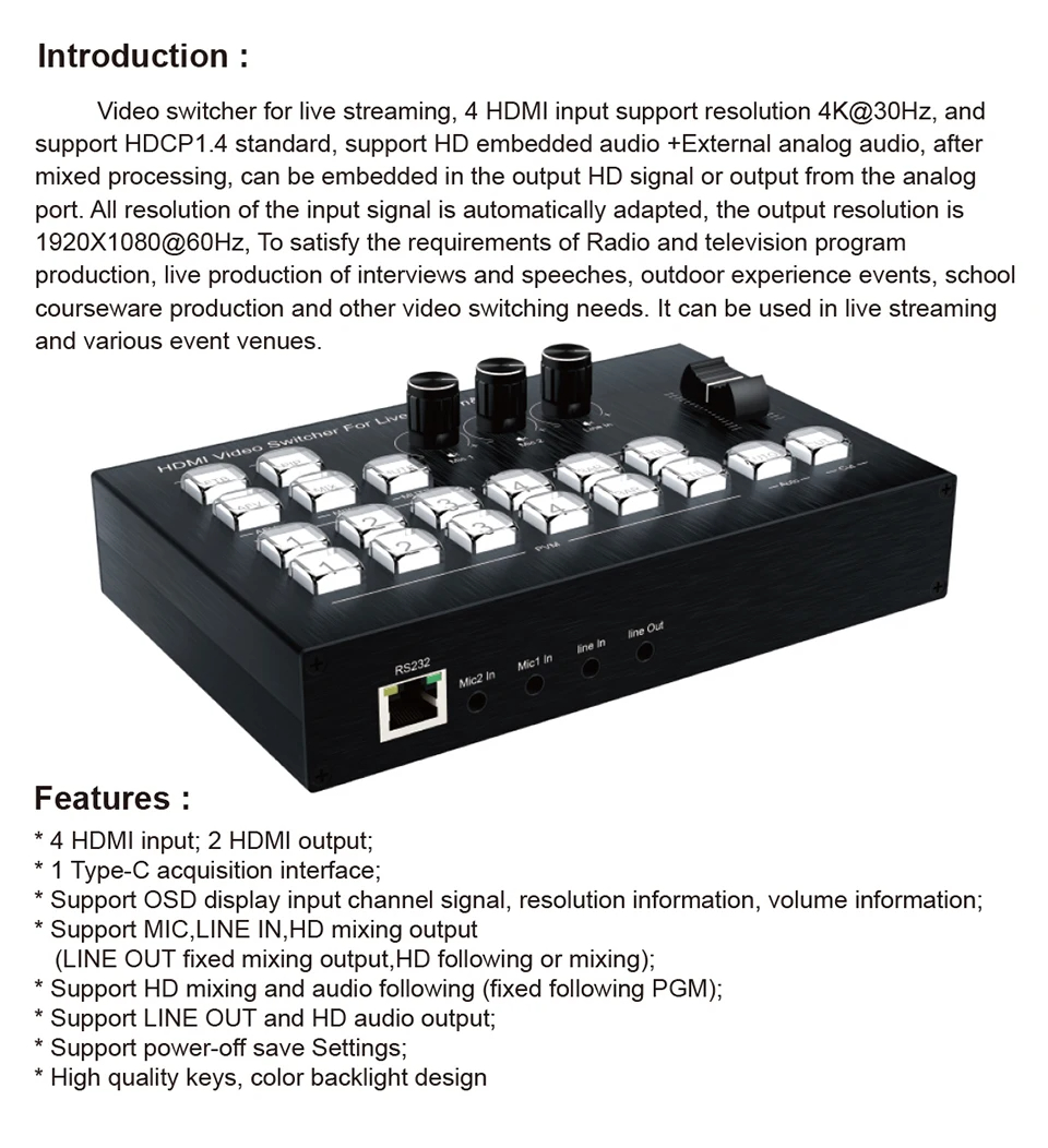 4k Video Switcher 4 Channel HDMI Multi Camera Streaming Live Production ...
