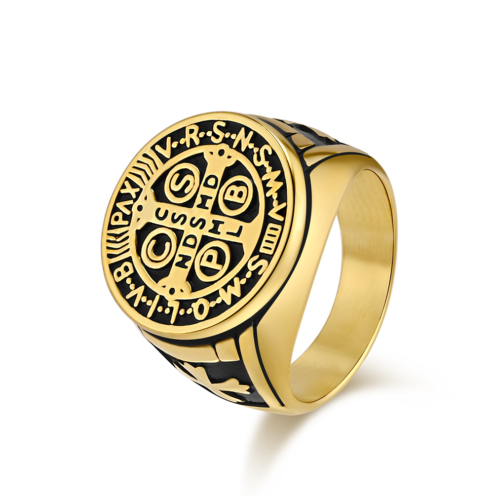 Mens Gold Rune แหวนไทเทเนียมเหล็กเครื่องประดับฮิปฮอป Gothic Cross Seal ...