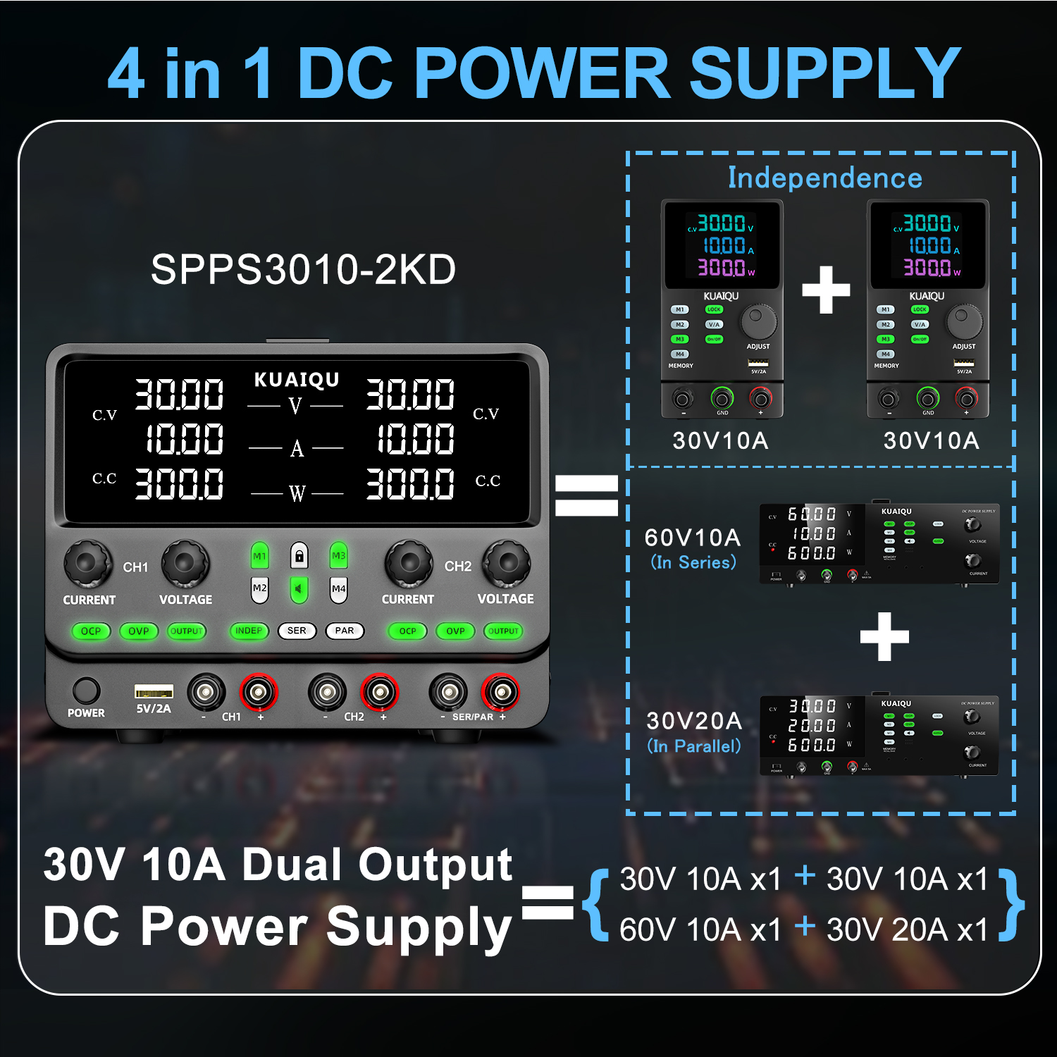 อัพเกรดใหม่KUAIQU ชุดจ่ายไฟแบบ Dual-Channel ปรับได้ Parallel อิสระฟังก ...