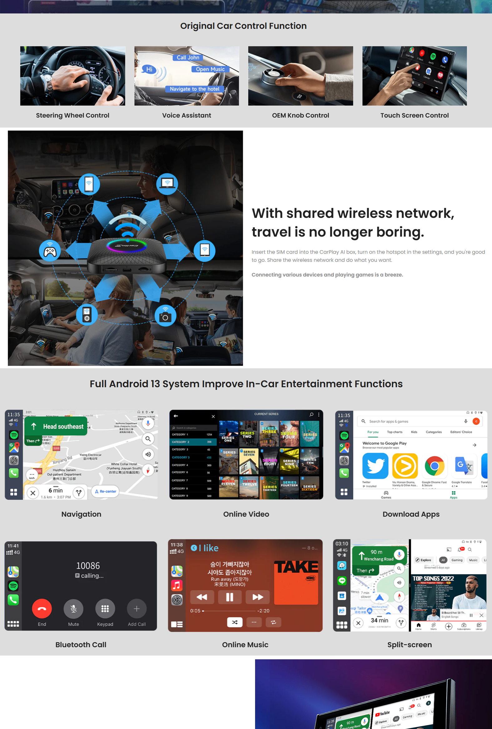 Carlinkit Tbox Led มัลติมีเดียวิดีโอ Android13 AI Box Wireless CarPlay ...