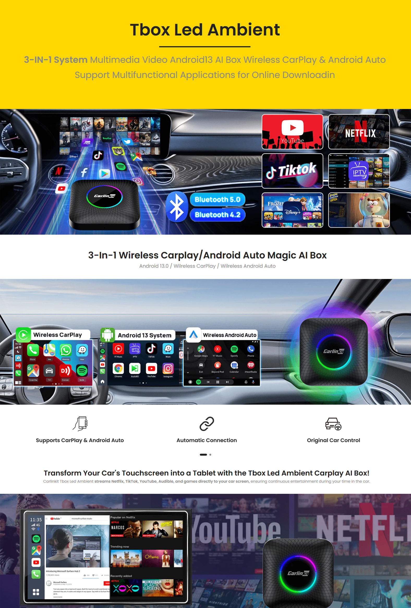 Carlinkit Tbox Led มัลติมีเดียวิดีโอ Android13 AI Box Wireless CarPlay ...