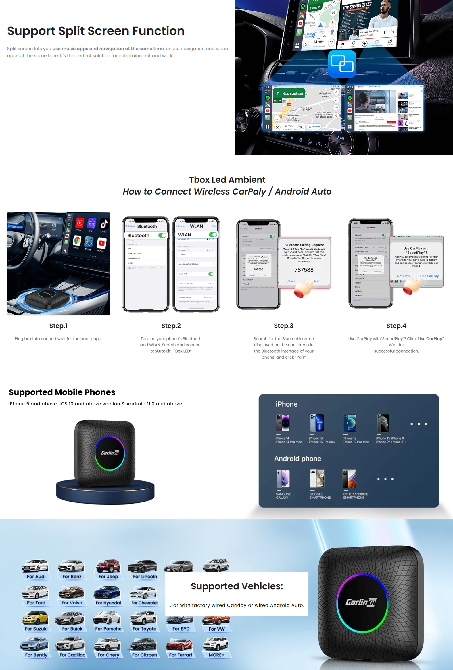 Carlinkit Tbox Led มัลติมีเดียวิดีโอ Android13 AI Box Wireless CarPlay ...