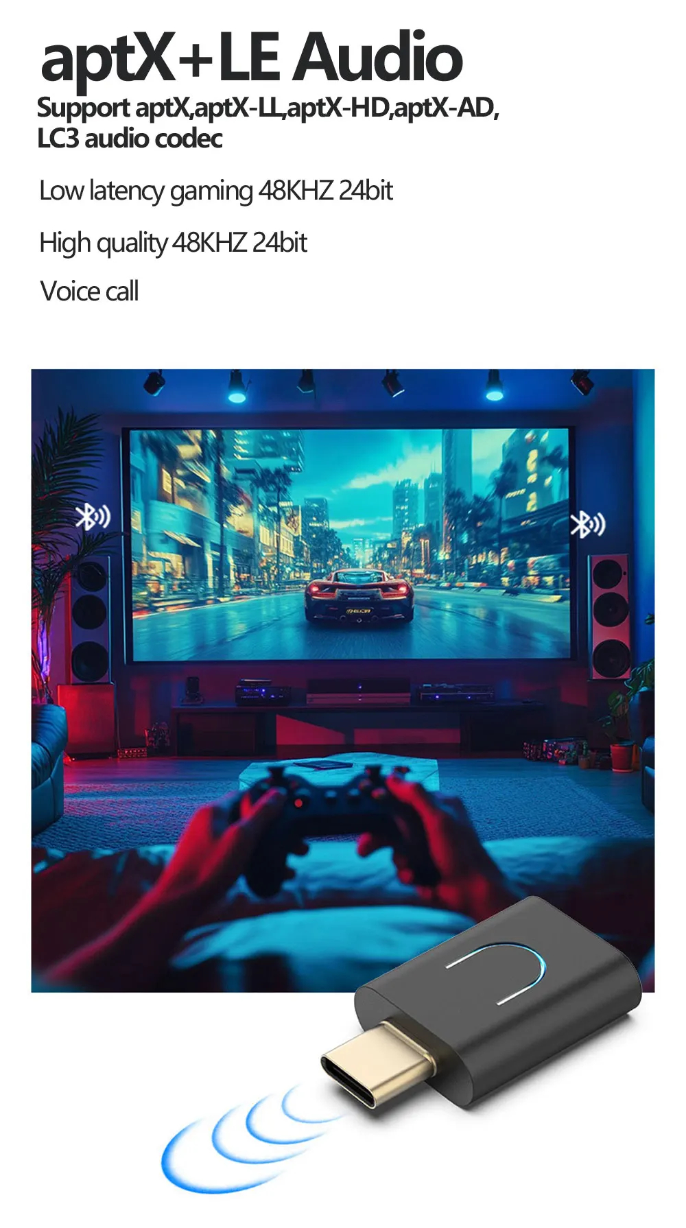 Le Audio LC3 บลูทูธ 5.4 เครื่องส่งสัญญาณเสียง aptX-LL/HD Type-c อะแดปเต ...