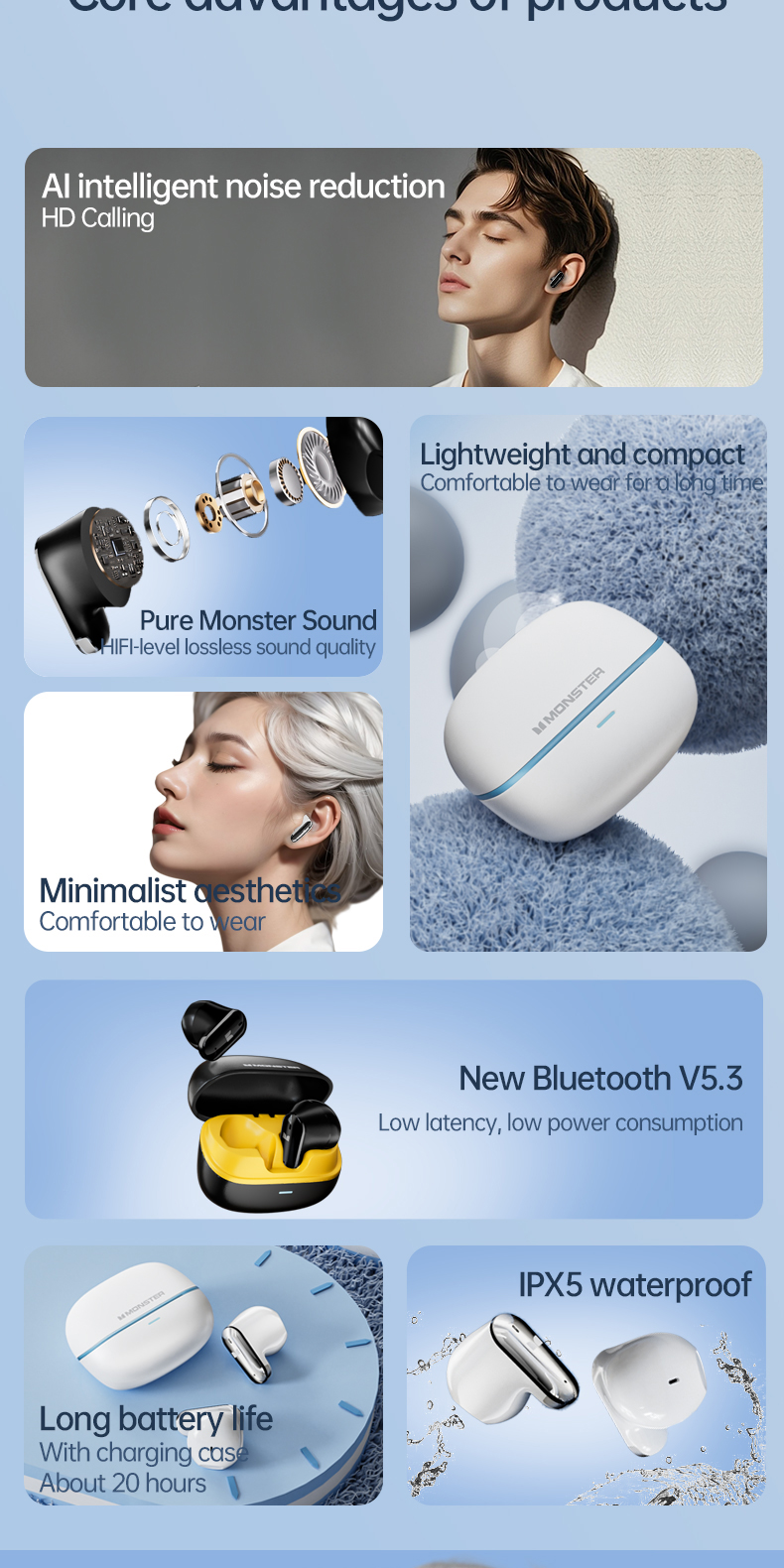Monster GT19 หูฟังไร้สาย บลูทูธ 5.3 HIFI ลดเสียงรบกวน หูฟังออกกําลังกาย ...