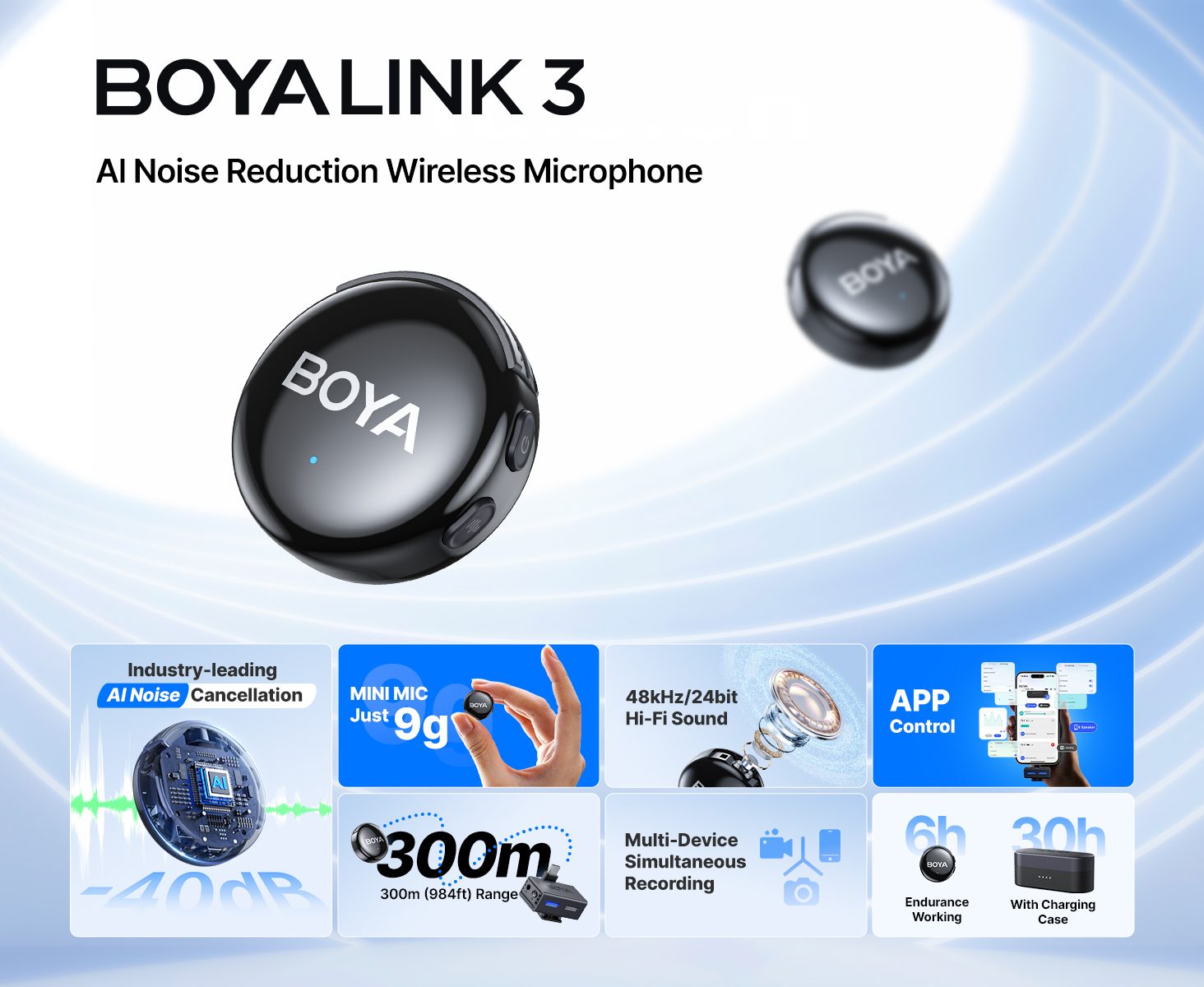 BOYA BOYALINK 3 ไมค์ไร้สาย AI-Powered ไมค์ตัดเสียงรบกวน ไมค์ไลฟ์สด ไมค์อัดเสียง สำหรับ Phone กล้อง