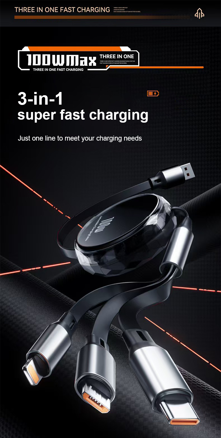 สายชาร์จเร็ว 100W 3-in-1 Fast Charging Data Cable แบบ USB to Micro USB+ ...