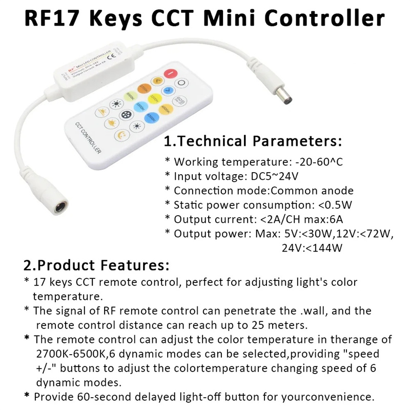 2025 ใหม่ประเภท COB CCT ไฟ LED Strip 24V 17Keys RF รีโมทคอนโทรล, ความ ...